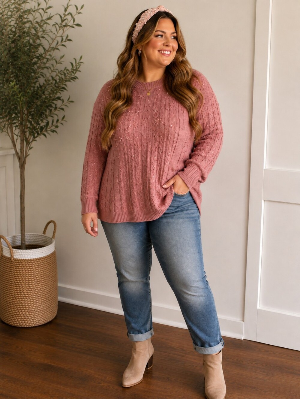 NWT Womens 2X Mauve Purple Cable Knit Sweater Pearl Embellished Plus Size
